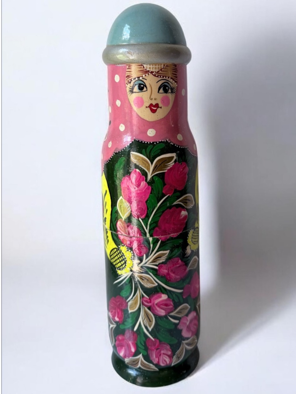 Hand-Painted Matryoshka-Style Wooden Doll - Pink & Teal bottle holder